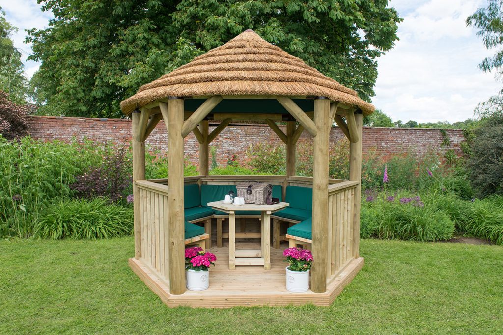 Table, Benches and Cushions for 3m Hexagonal Garden Gazebo - Green