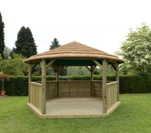 Forest 4.7m Hexagonal Wooden Thatched Roof Gazebo with Green Roof Lining