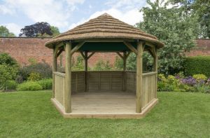 Forest 4m Hexagonal Wooden Thatched Roof Gazebo with Green Roof Lining