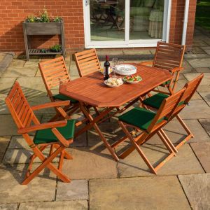  Rowlinson Plumley 6-Seater Hardwood Dining Set Green Cushions and Green Parasol with Base