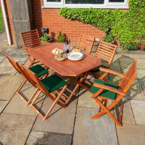 Rowlinson Plumley 6-Seater Hardwood Dining Set Green Cushions and Green Parasol