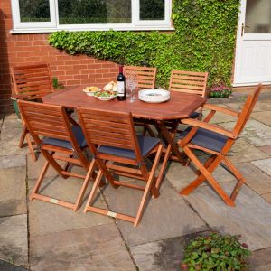 Rowlinson Plumley 6-Seater Hardwood Dining Set Grey Cushions and Grey Parasol